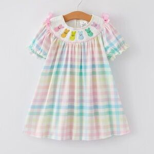 Pastel Plaid Baby Dress with Bunny Embroidery